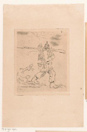 Two barking dogs chasing a soldier
