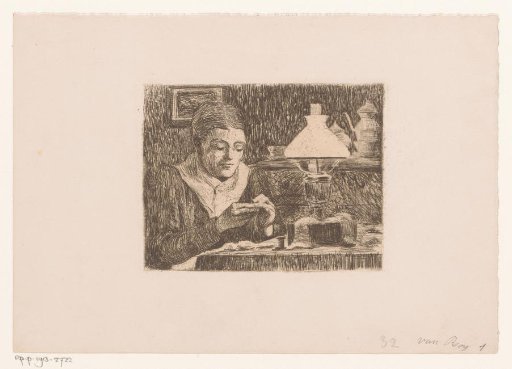 Interior with a woman doing needlework