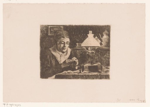 Interior with a woman doing needlework