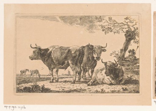 Three Cattle with a Shepherd Behind a Fence