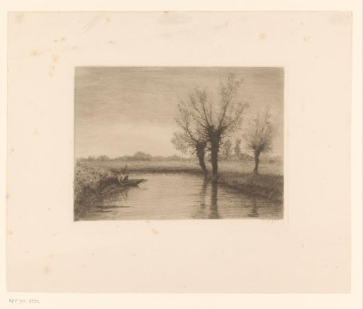 Landscape with three willows along a stream and a fishing boat on the water