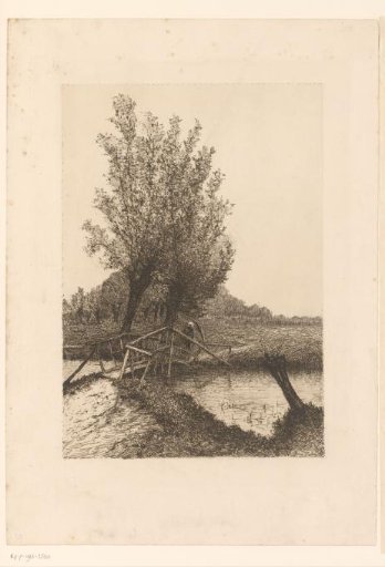 Figure with umbrella walking over a bridge
