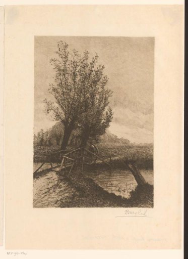 Figure with umbrella walking over a bridge