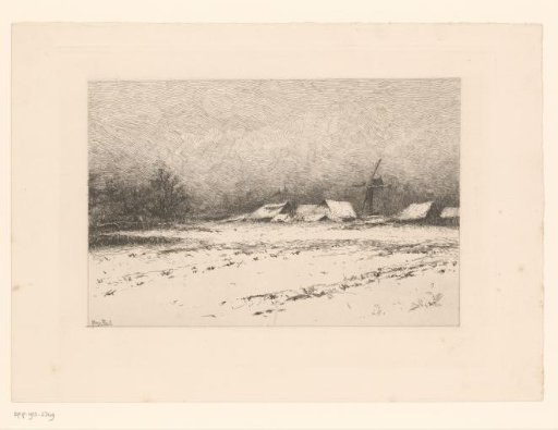Winter landscape with mill and houses