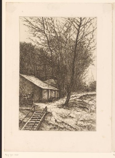 Winter landscape with farm near a staircase