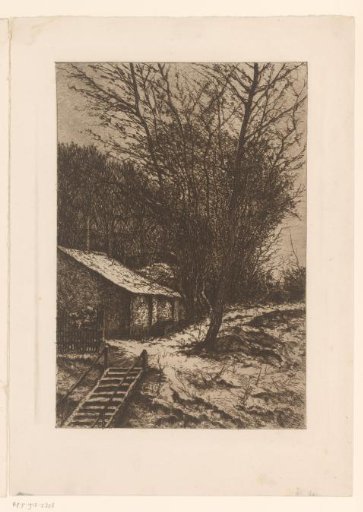 Winter landscape with farm near a staircase