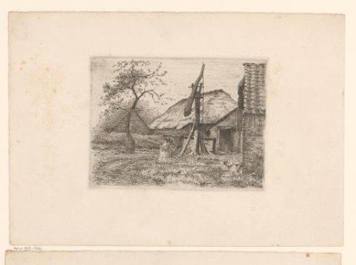 Child and chickens at a farm with a well