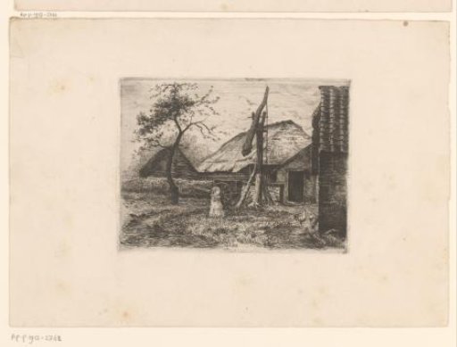 Child and chickens at a farm with a well