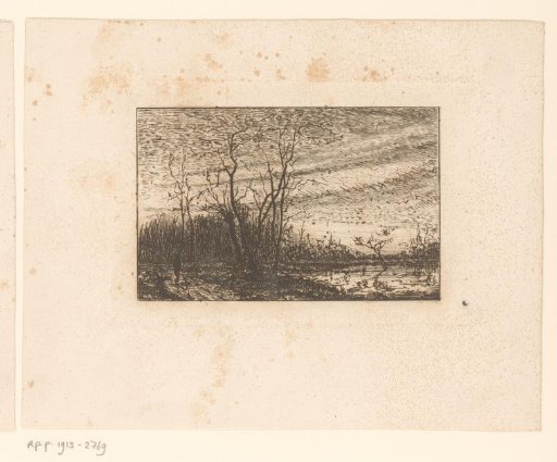 Evening landscape with figure along a pond