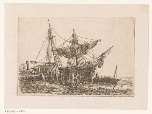 Pier with a partially unrigged ship and a skiff