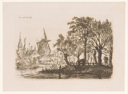 View of a village with mill on the water