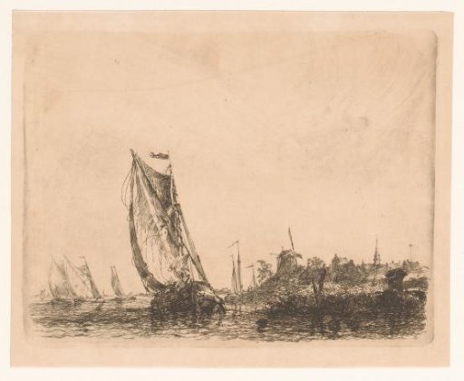 Boats on the Scheldt with a village with mill on the right