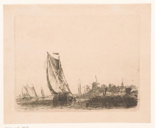 Boats on the Scheldt with a village with mill on the right