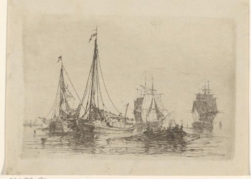 Figures in a rowing boat on the water between the sailing boats