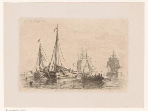 Figures in a rowing boat on the water between the sailing boats