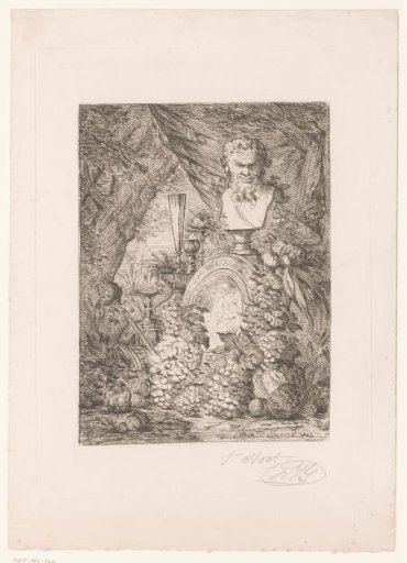 Still life with a bust of Bacchus, grapes and tableware