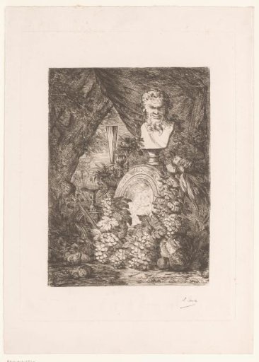 Still life with a bust of Bacchus, grapes and tableware