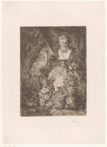 Still life with a bust of Bacchus, grapes and tableware