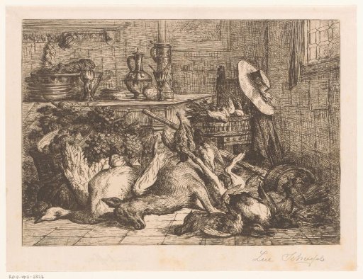Still life with game, fruit and tableware