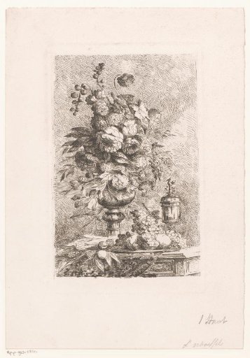 Still life with a flower vase and a bowl of fruit