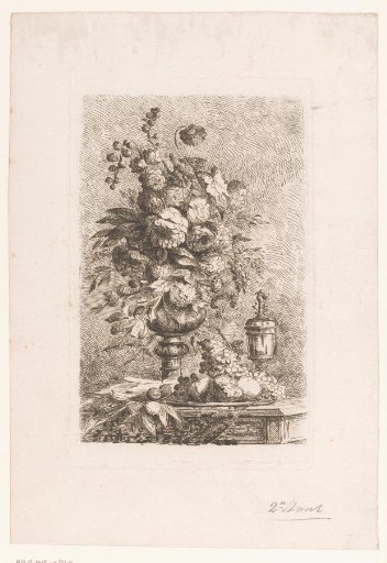 Still life with a flower vase and a bowl of fruit