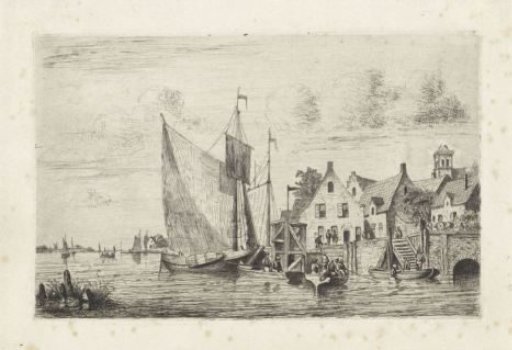 Sailing ships and skiffs at the quay near a village