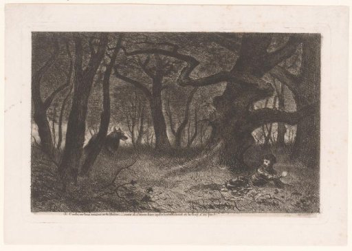 Forest with a Wolf near a Man Lying on the Ground
