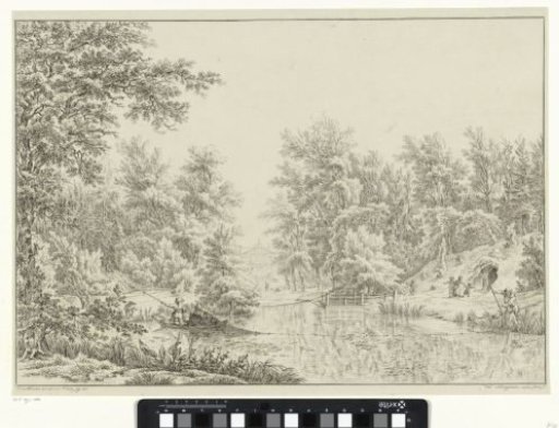 Fishermen setting out a net in the pond of the estate Elswout