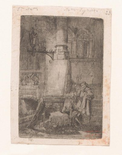 Two soldiers at the foot of a staircase