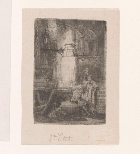 Two soldiers at the foot of a staircase