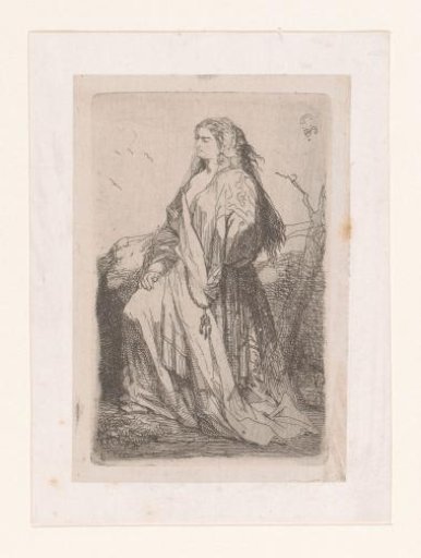 Woman with headscarf and dress in a landscape