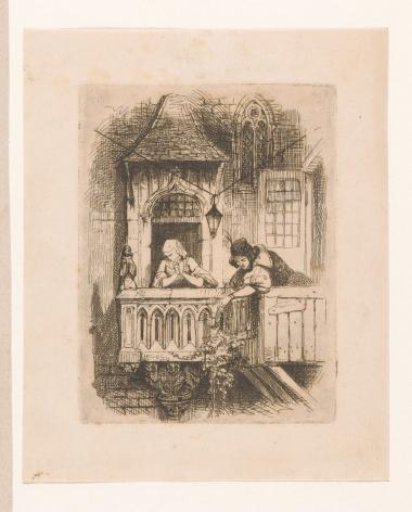 Man and woman leaning over the edge of a balcony