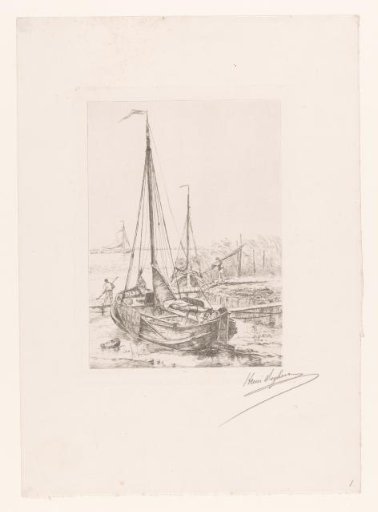 Moored sailing ships in an inlet by a river