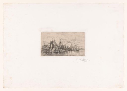View of a harbour full of sailing ships and a windmill