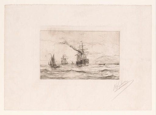 Sailing ships, a rowing boat, and a sailing steamship on open water