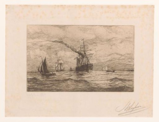 Sailing ships, a rowing boat, and a sailing steamship on open water