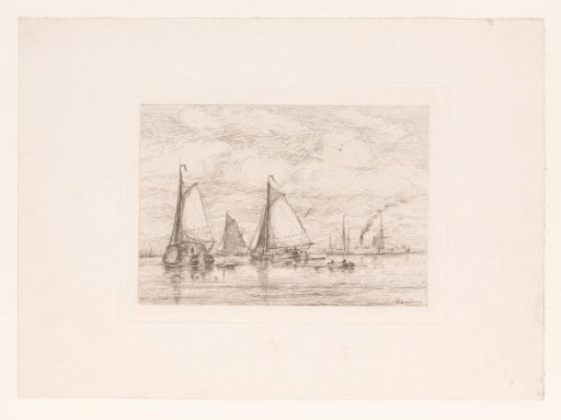 Sailing ships, a rowing boat and a steamship on a river