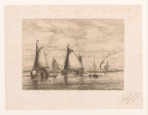 Sailing ships, a rowing boat and a steamship on a river