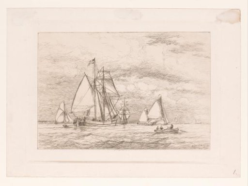 Sailing ships and a rowing boat on open water