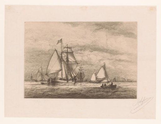 Sailing ships and a rowing boat on open water