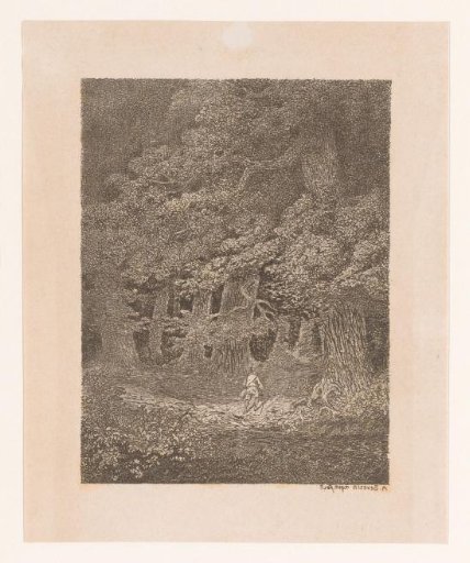 Hunter with game bag in dark forest
