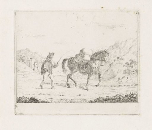 Man with horse in a hilly landscape