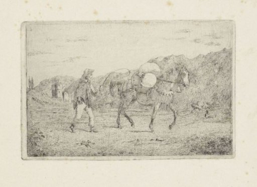 Man with horse in a hilly landscape
