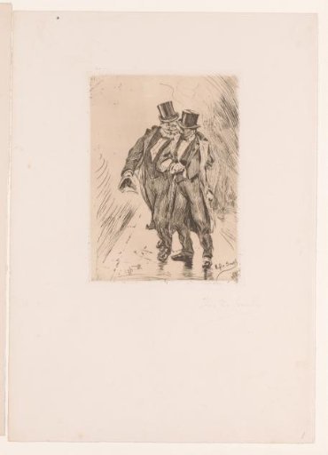 Two Men in Suits and Top Hats, Arm in Arm on the Street