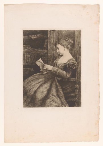 Woman in an armchair reading a letter