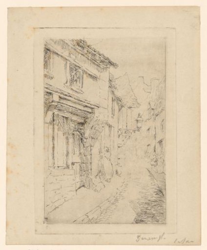 Street in a mountain village with a hanging lantern