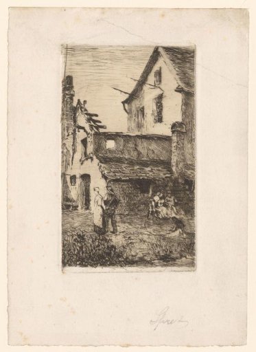 Five persons in front of a dilapidated house