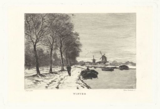 Winter landscape with canal and mills