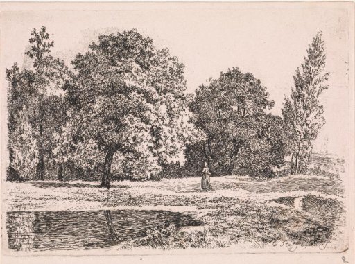 Landscape with Trees, a Lake and a Woman