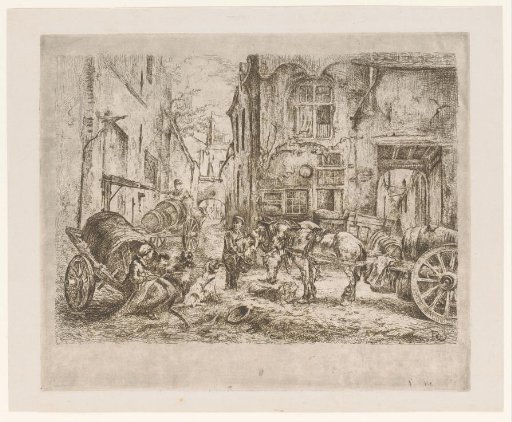 City view with figures and carriages at a crossroads